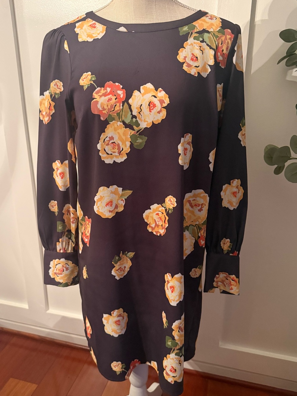 LOFT Navy Long-Sleeve Floral Shift Dress with Yellow Rose Print SP